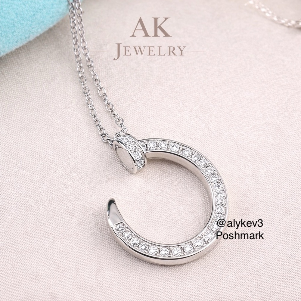 💎18k LUXURY NAIL Necklace Round Screw Pave Stones White Gold Plated, 18” Chain